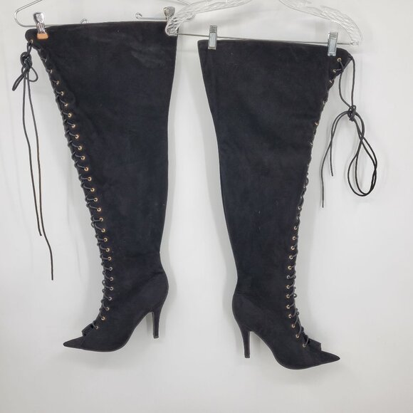 Nadia FTF Faux Suede Lace Up Pointed Toe High Heel Thigh High Boots Size 10 - Picture 1 of 11